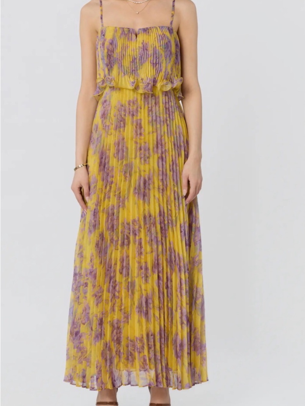 Astr Yellow and Purple Pleated Floral Maxi Dress